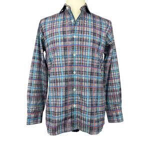 Bugatchi Plaid Button Down Shirt Medium Shaped Fit Blue Red
